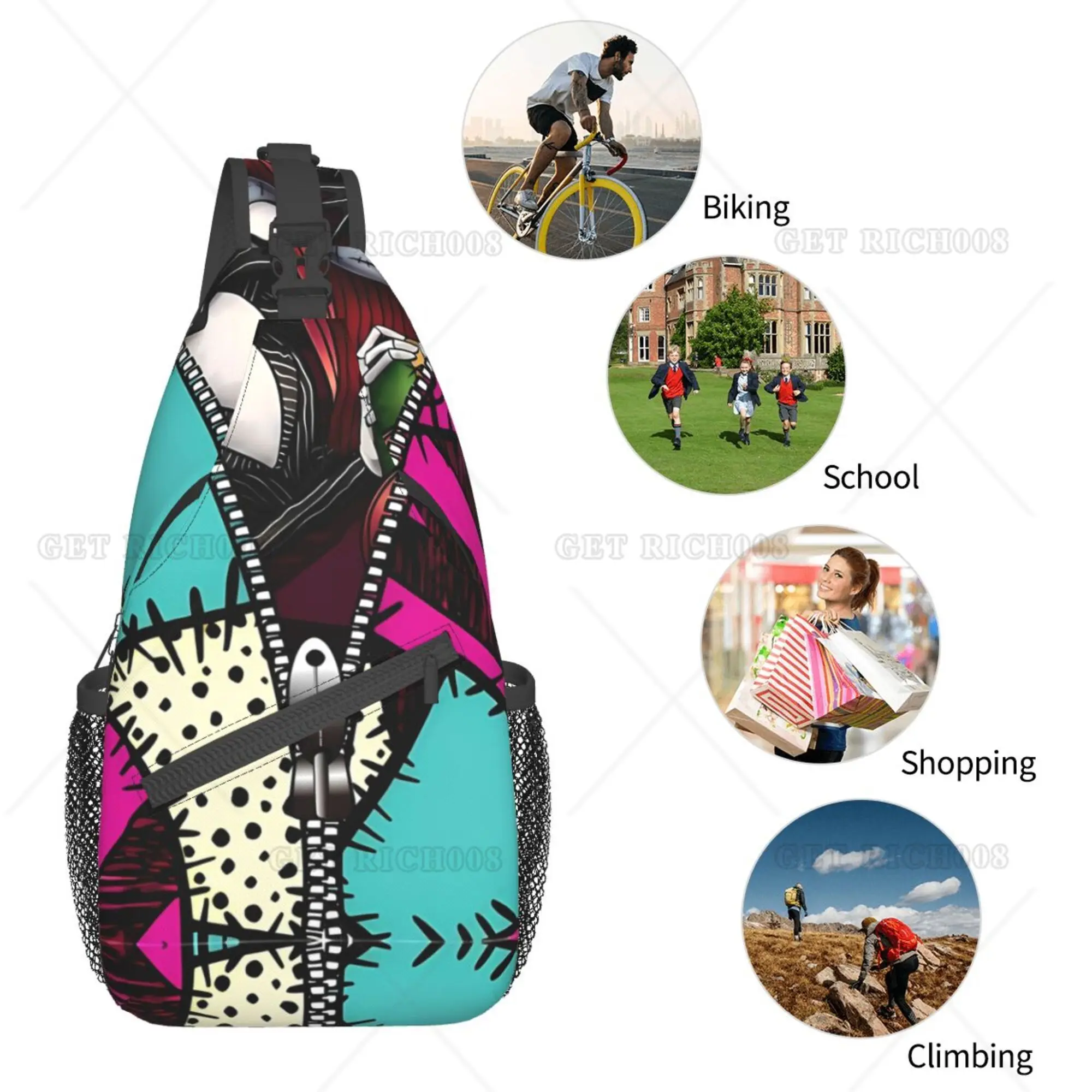 Cartoon Abstrato Impressão Colorida Cross Sling Bag, Mochila Peito para Homens e Mulheres, Poliéster, Casual, Tamanho Único, Ao Ar Livre, Caminhada, Viagem