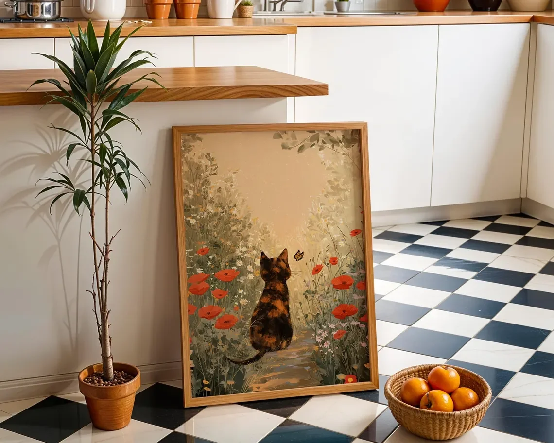 Whimsical Tortie Cat in Poppy Field Wall Art, Cozy Spring Meadow Poster, Floral Nature Illustration Print
