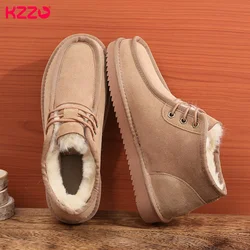 KZZO Men's Large Size 37-48 Winter Sheepskin Snow Boots Lace-up Australia Genuine Leather Natural Fur Wool Lined Ankle Warm Shoe