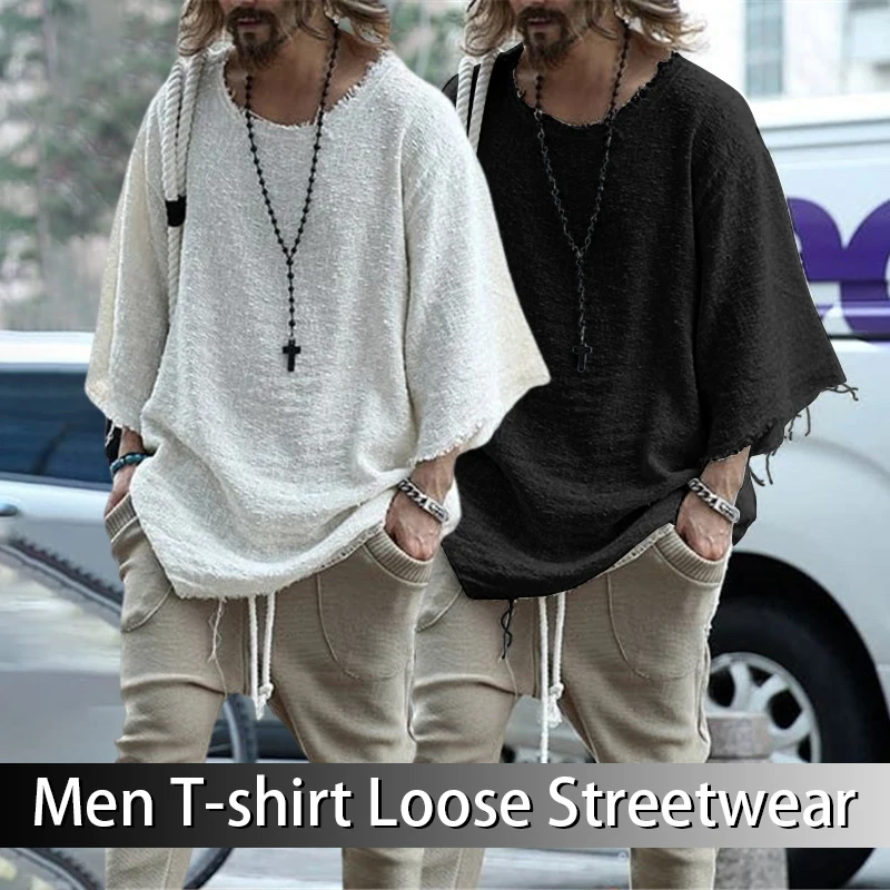 

Men T-shirt Solid Color Loose Streetwear Long Sleeve Burrs Edge Top for Dating Summer Mens Pullovers Streetwear 2024 New