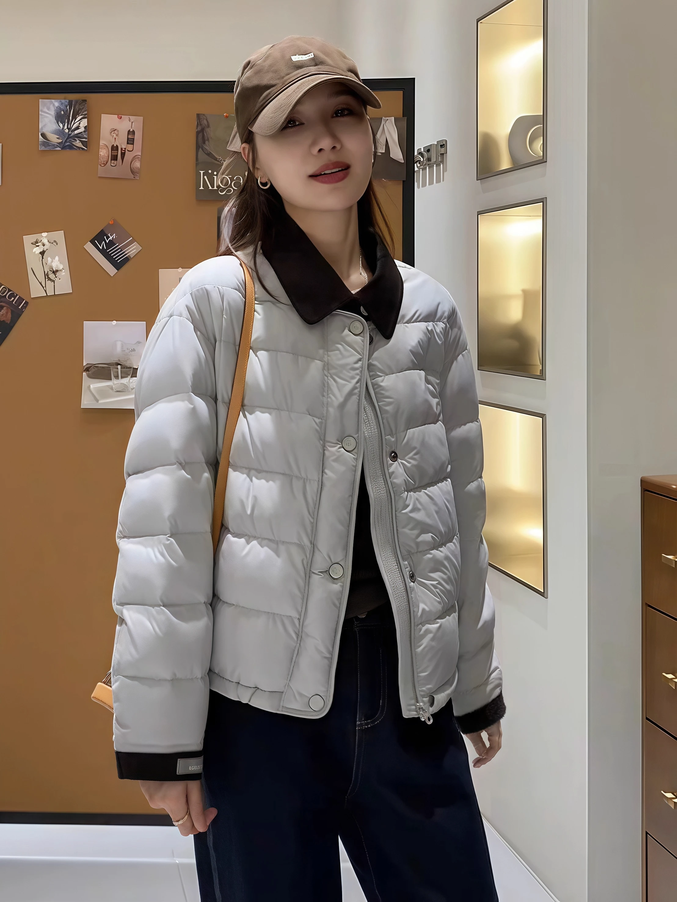 

Korean Style Color Block Short down Jacket Women's Fashion Loose Slimming Collar Coat Thickened Cotton Outerwear