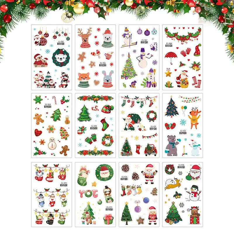 Decalque de água bonito dos desenhos animados para o corpo, Rub On Transfer Stickers, Decoração de Natal, Decalques elegantes, 12 folhas