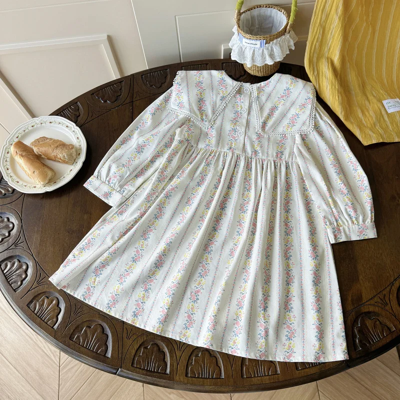 

Printed Large Lapel Sweet Girl's Dress2025Autumn Bubble Long Sleeve Children's Dress Baby Outerwear Dress