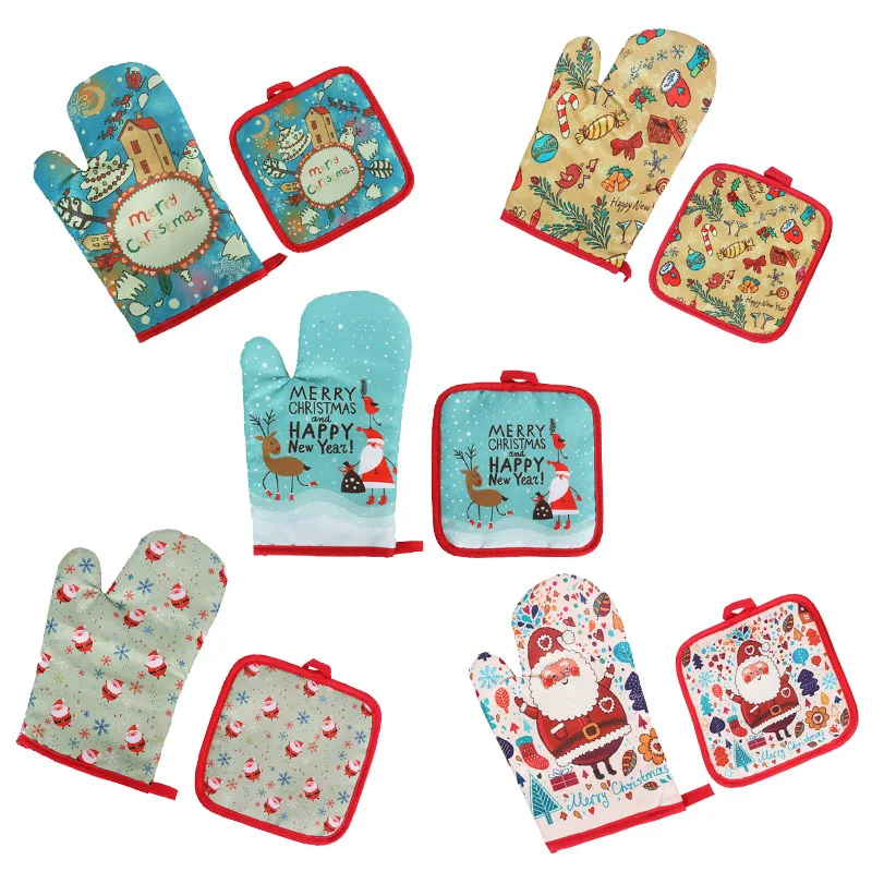 

2pcs/set Christmas Baking Gloves Oven Mitts Dining Pad BBQ Mat New Year 2024 Navidad Xmas Party Decoration Kitchen Supplies