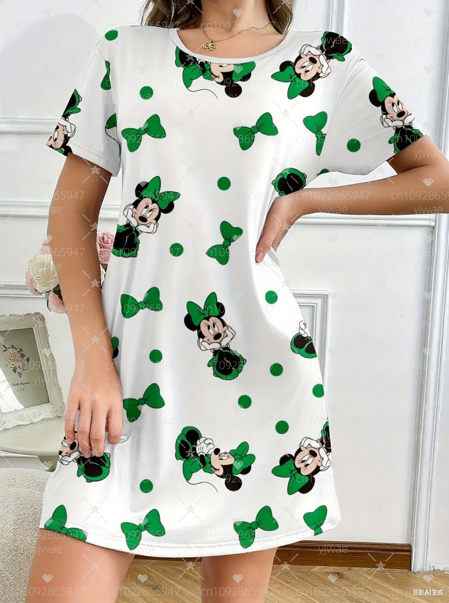 Summer women's Cute Minnie print  T-Shirt sleep Dress Loose Casual  O-Neck Lady Short Sleeve Pullover Dresses Women Clothing