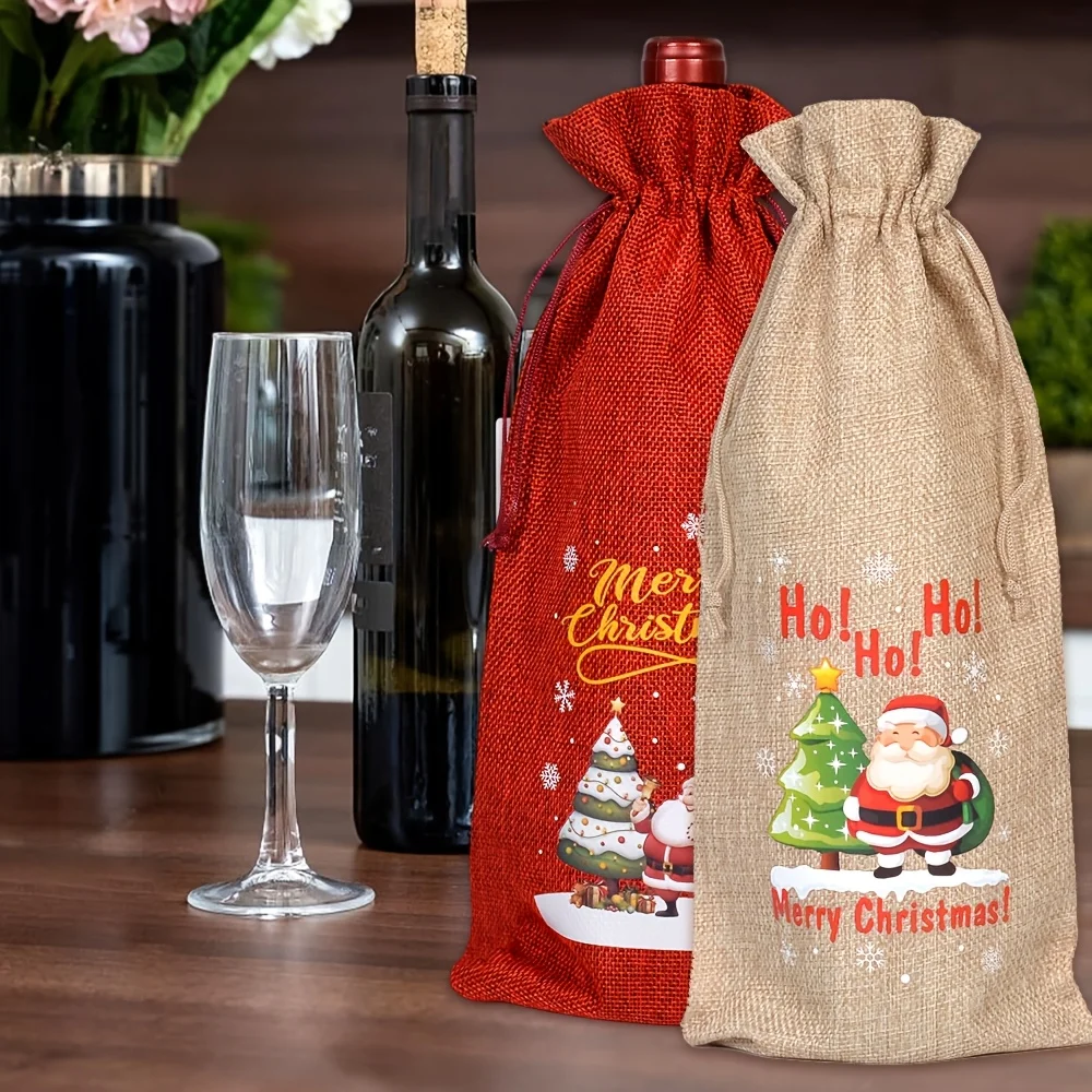 Festive Christmas Wine Bottle Gift Bags - Red & Khaki Burlap Tote Bags with Santa Claus, Christmas Trees, Christmas Decorations view 2