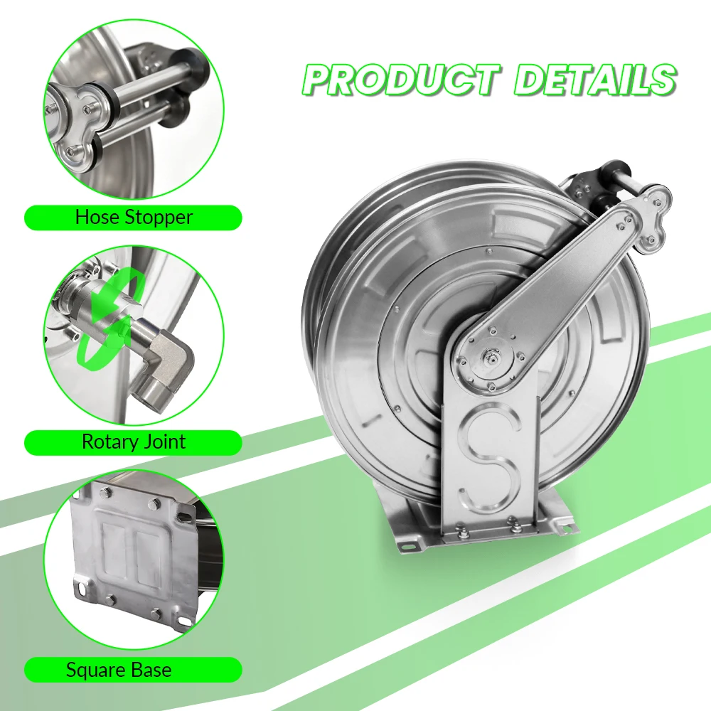 Portable 5800PSI 30m 100FT Heavy Duty High Pressure Spring Retractable Full-automatic Stainless Steel Hose Reel For Car Cleaning