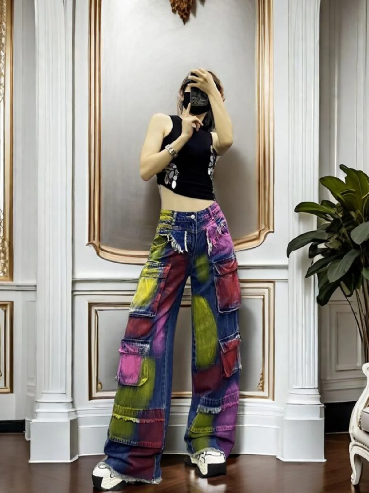 

Стильные джинсы с принтом для женщин: новые модные повседневные брюки с высокой талией, свободного кроя, стройнящие, прямые штанины