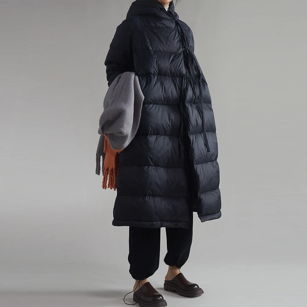 

Original Whoos Oversize Knee-Length down Jaet Women's Simple Belted Winter Du Feather Coat High Collar Long Sve Pure C...