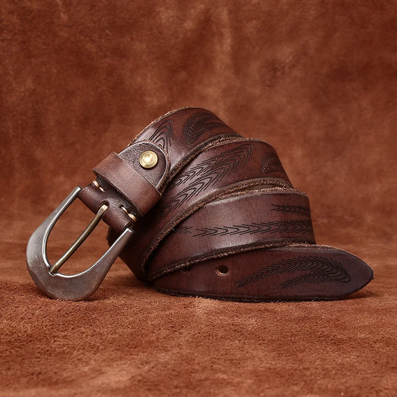 3.8cm Men's Retro Simple Casual Plant Tanned Leather Head Layer Cowhhide Embossed Waist Belt Steel Buckle Belt Black Color