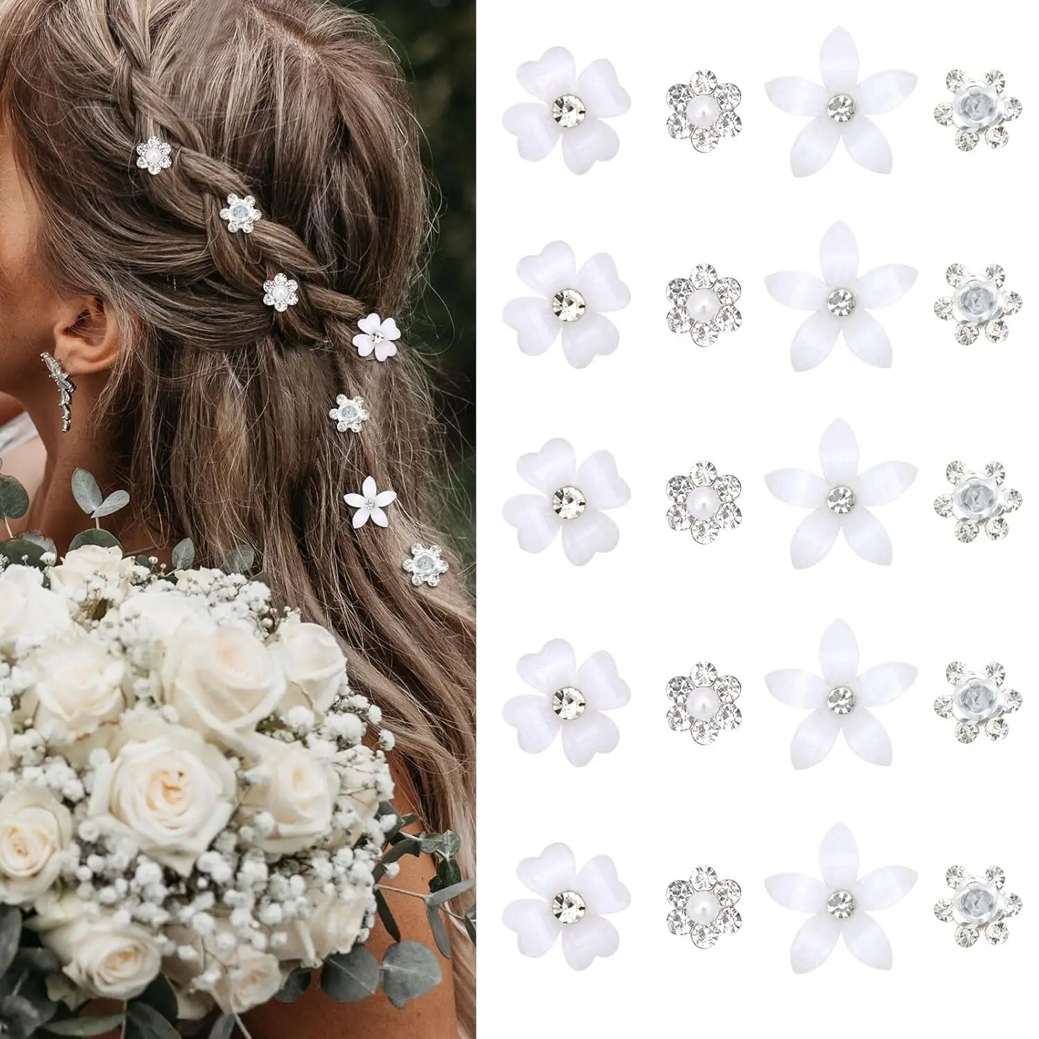 

20Pcs Mini Rhinestone Hair Pins - Cute Decorative Barrettes for Wedding, Bridal, Girls & Women (4 Flower Patterns)
