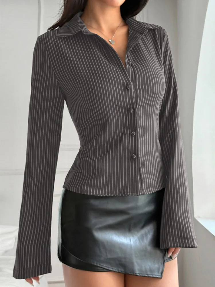 

Lemongor, городские офисные женские полосатые узкие блузки с лацканами, длинные рукава, на пуговицах, контрастные цвета, повседневные модные рубашки, топы