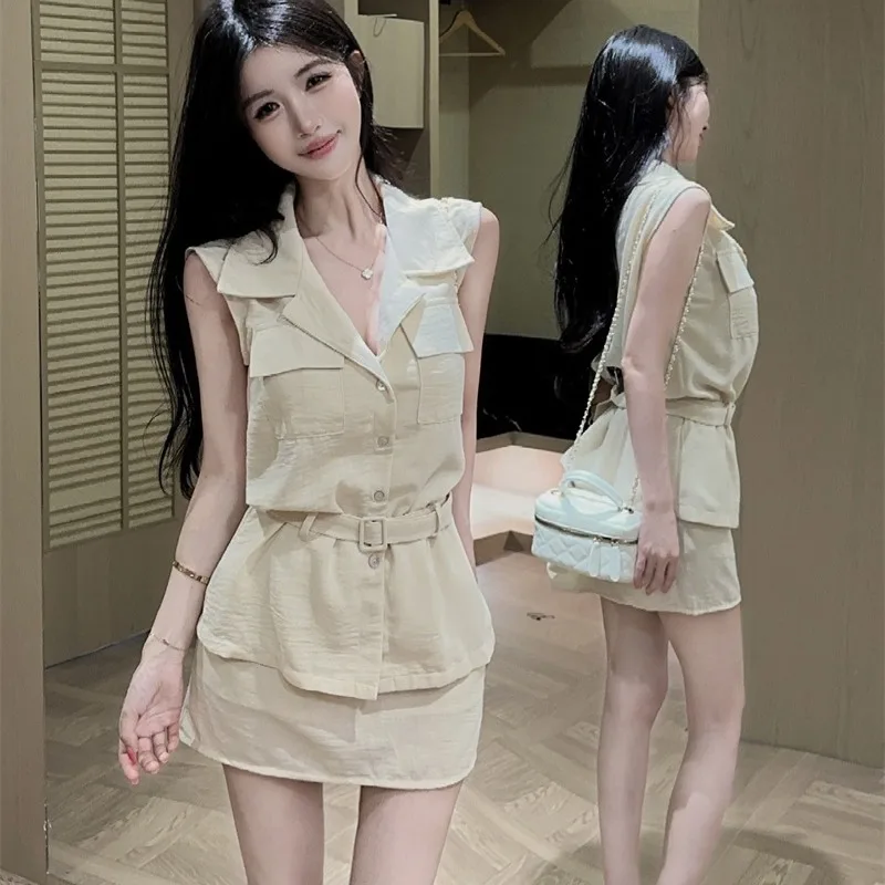 

Summer 2026 New Cotton Linen Apricot Workwear Collarless Sleeveless Shirt Elegant Short Skirt Two-Piece Set with Belt