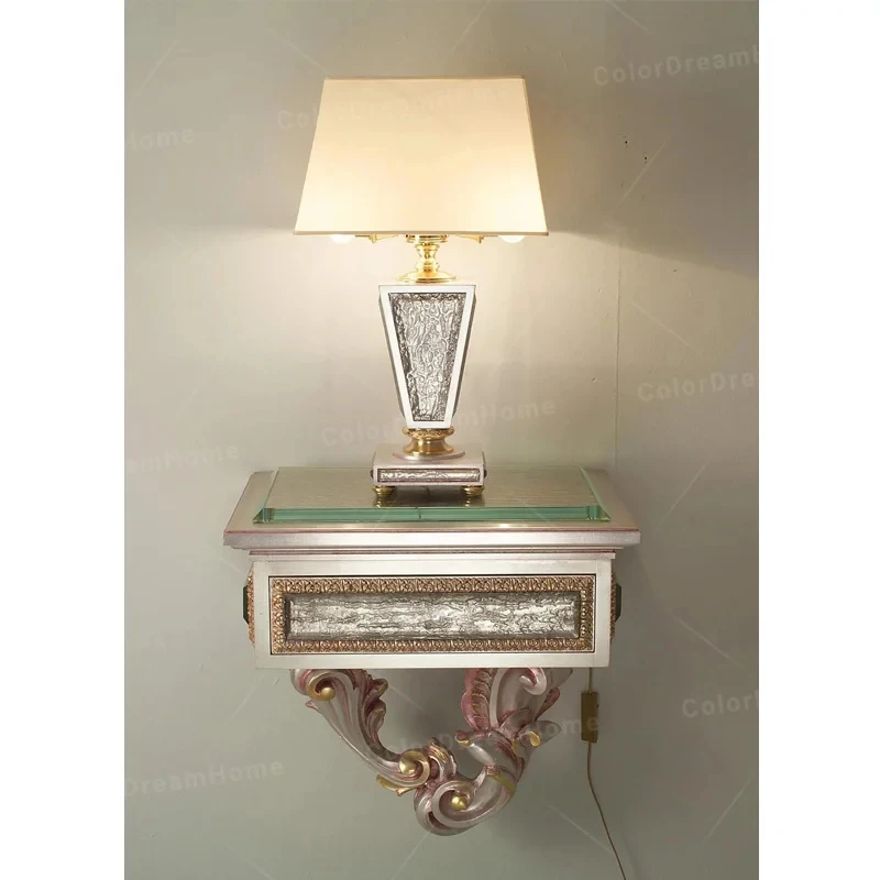custom.Simple Carving Pink Glass Top Bedside Table Wall Mount Nightstands Master Bedroom Space Saver Hotel Style