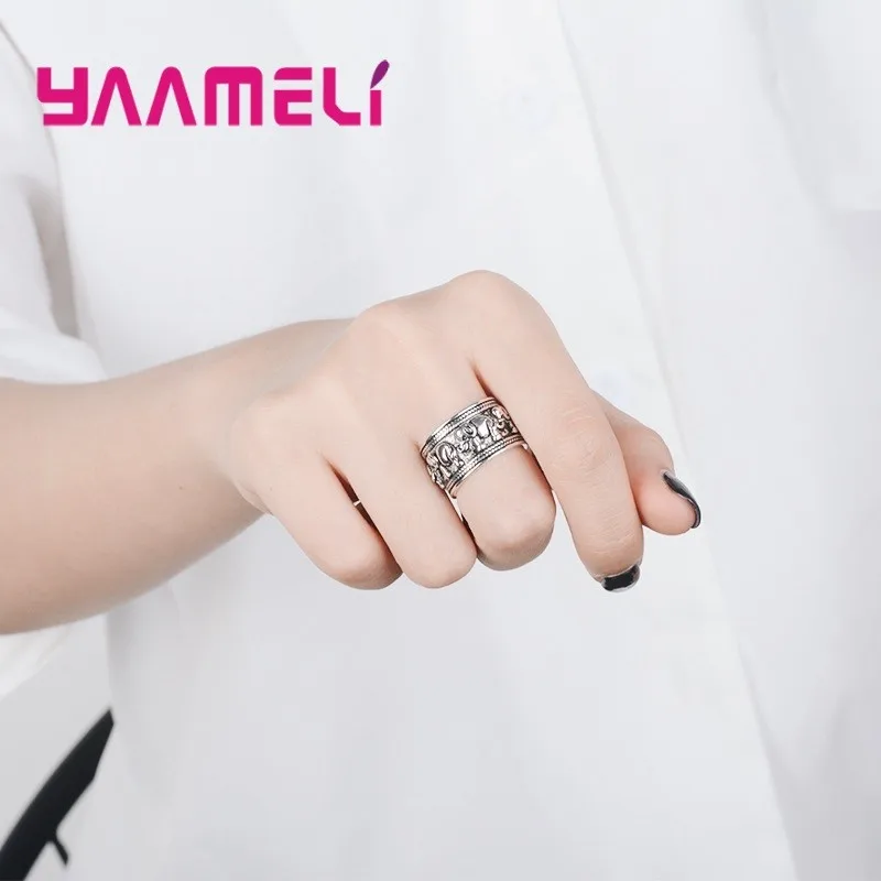 925 Sterling Silver Indian Stylish Wide Band Rings Old Fashion Elephant Painting Opening Adjustable Finger Accessories