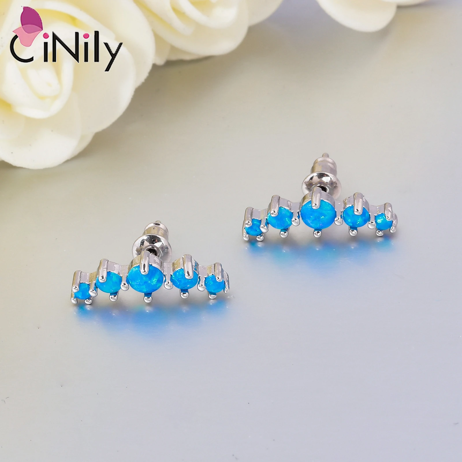 

CiNily Classic Opal Stud Earrings With Round Opal Gemstones Rose Gold Plated Curved Row of Stud Earring for Women Silver Jewelry