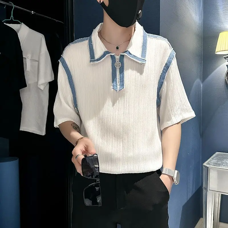 Summer Hit Color Spliced Men Short Sleeve Polo Zipper Sweatshirt Korean Fashion Business Casual All-match 2xl Oversized Clothing