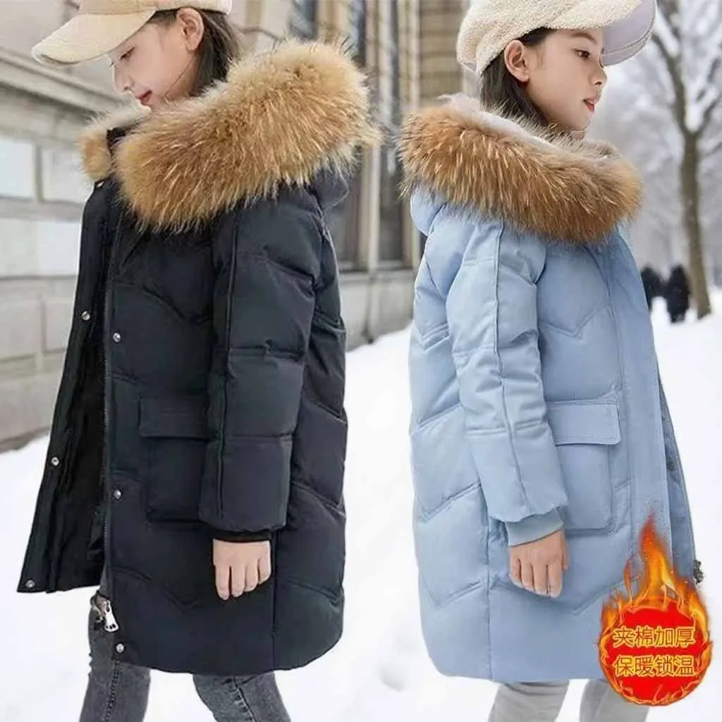 Girls Padded Down Jacket Winter Kids Thick Warm Cotton Clothes Coat Lining Plush Hooded Outerwear Cold Parka Snowsuit 5-12Y