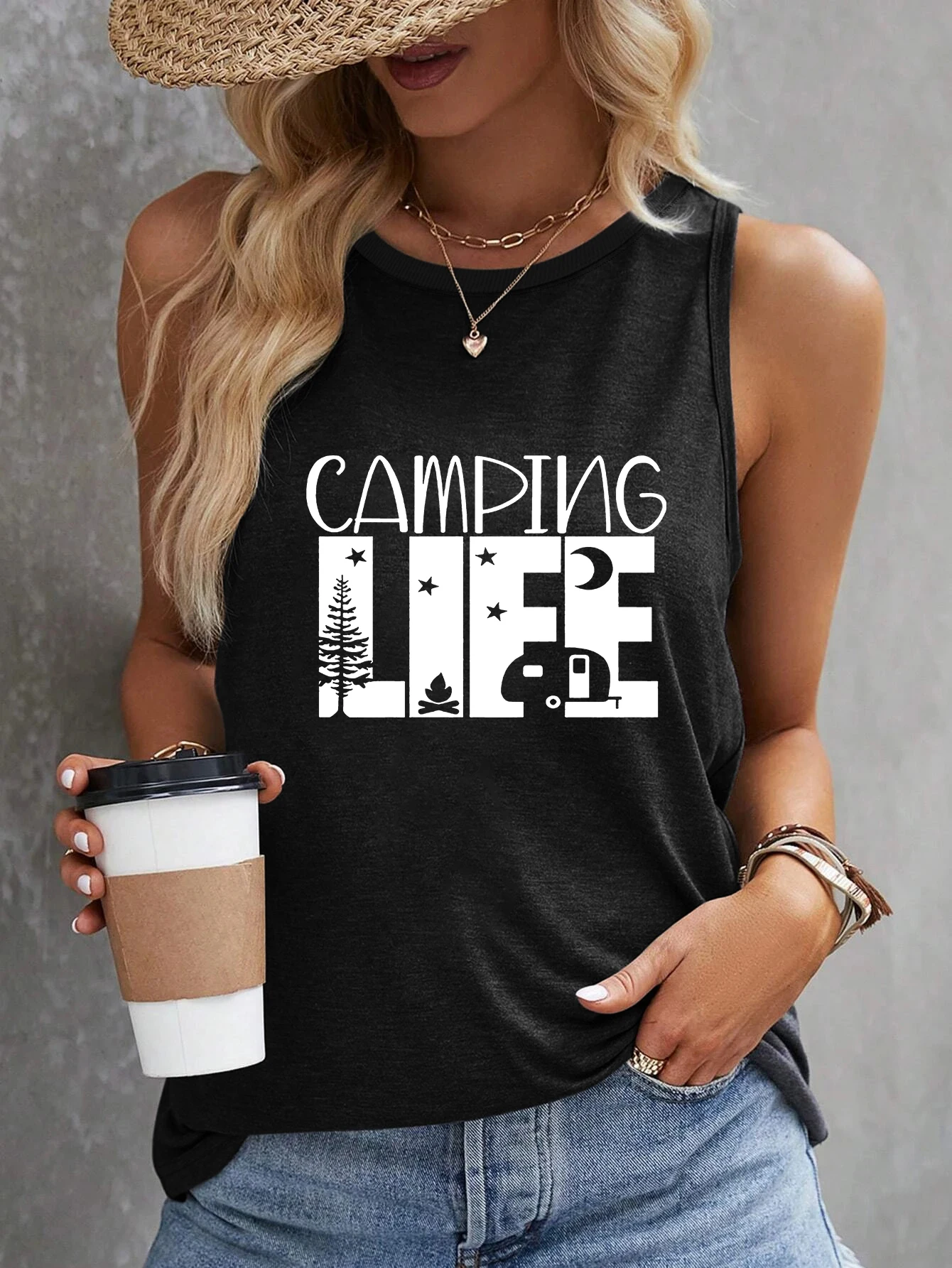 

Camping Life Print Tank Top Sleeveless Casual Top For Summer & Spring Women's Clothing
