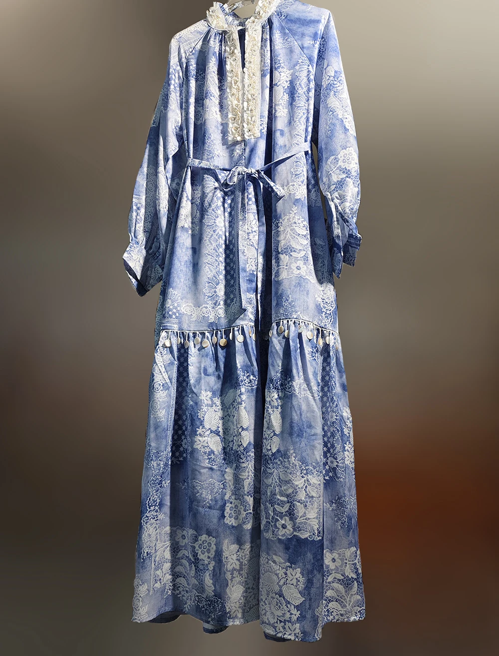 plus Size Vintage Blue Floral 3D Embellished Tassel Sequin Loose Midi Dress Women's Midi Dress Casual Elegant Gown