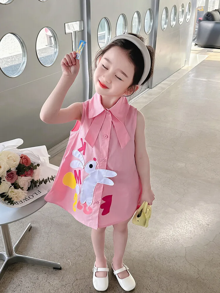 kids\' clothing girl shirt collar cotton Dress with  Embroidery rabbit patch Toddler  Girl Dress letter print pattern