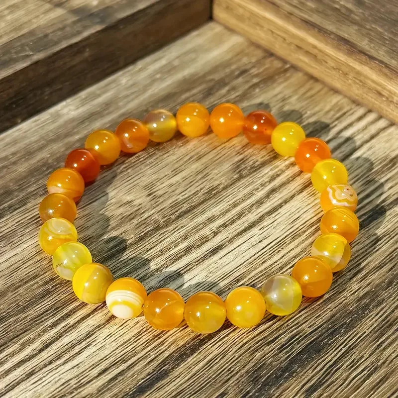 Fashionable 8mm Yellow Striped Agate Bead Bracelet Handmade Elastic Rope Bracelet to Relieve Anxiety