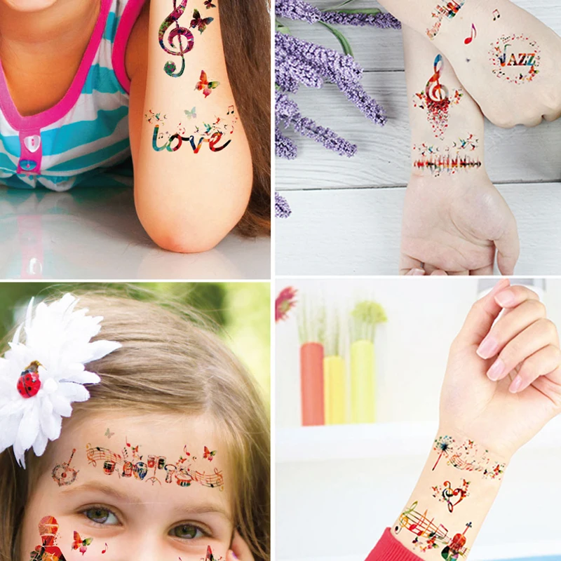 Waterproof Temporary Children Tattoo Sticker Music Note Colorful Tattoos for Men Women Kids Party Festival Decals