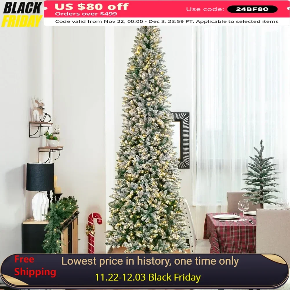 

11ft Pre-Lit Flocked Pencil Fir Artificial Christmas Tree, with 950 Warm White Lights, Christmas Trees