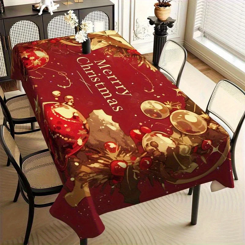 Christmas Bauble Tablecloth,Red Base With Xmas Ball And Merry Christmas Print,Rectangular Table Cover for Dining Room Home Decor