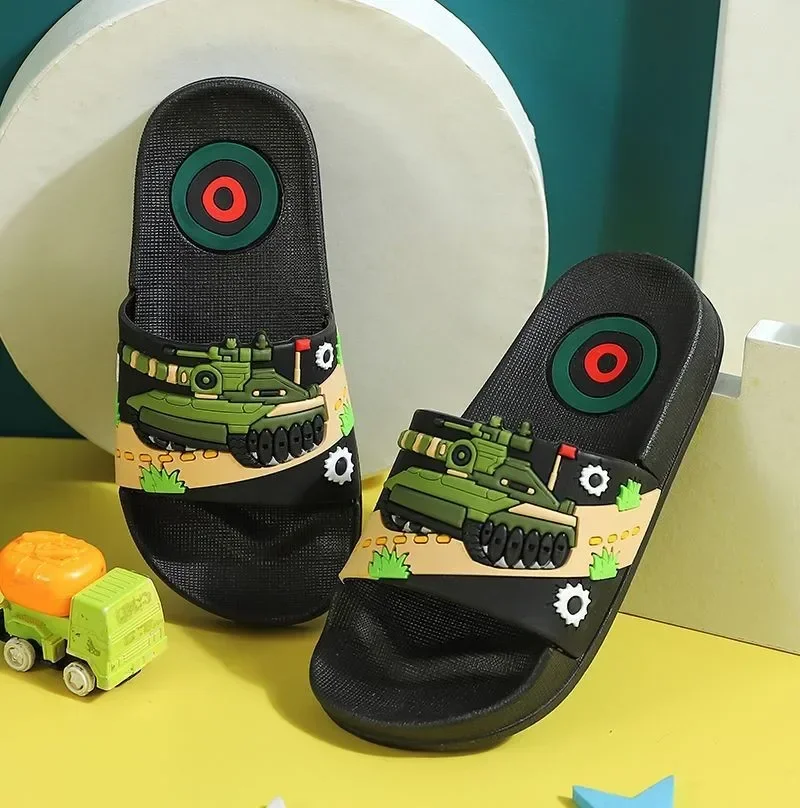 Summer Cartoon Tank Children\'s Slippers For Boys Girls Slippers Pvc Home Flip Flops Non-slip Big Kids Beach Sandals 3-14 Years