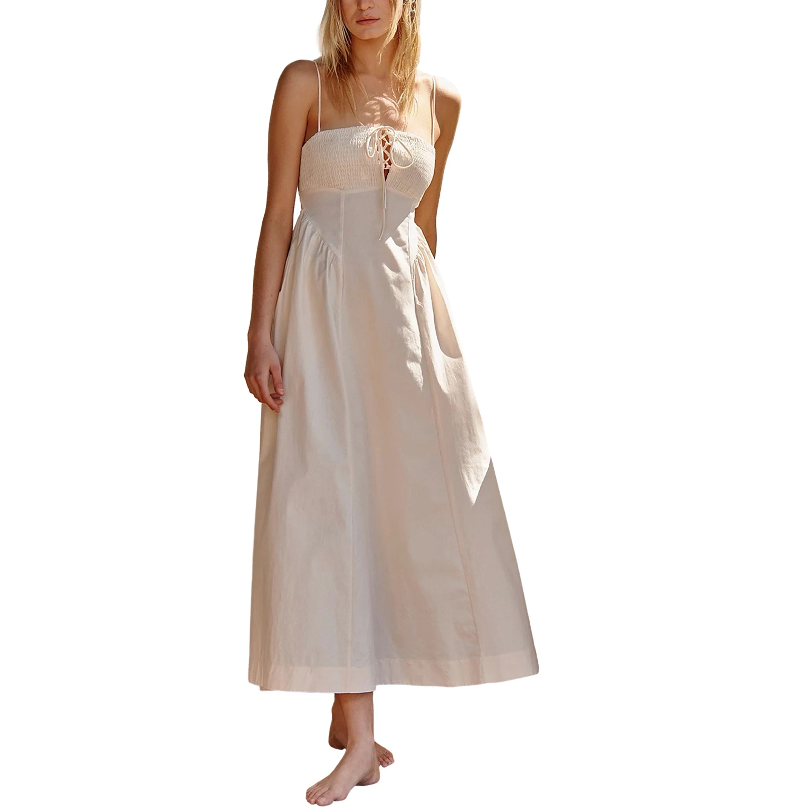 

Women's Fashion Long Dress Solid Color Casual Sleeveless Tie Up Spaghetti Strap A-Line Dress Summer Holiday Beach Party Dress