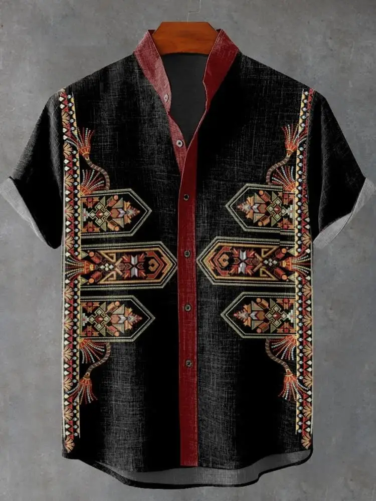Retro Tribal Totem Pattern Printing Men's Linen Moslim Kleding Heren Fabric Short-sleeved Shirt Casual Street Trend Casual Shirt