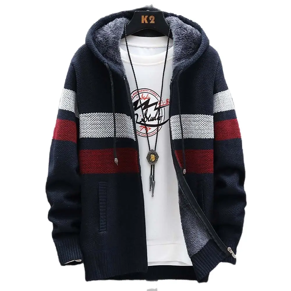 

Men's Striped Sweater Coat Thick Fleece Warm Zipper Wool Hooded Cardigan Jumpers Men Long Sleeve Knitted Sweaters