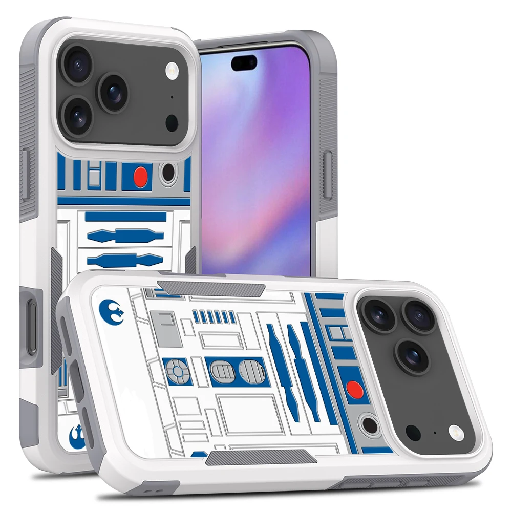 Nova Capa para iPhone 16E 17 Air Pro Max com Estampa de Robô R2D2, Camada Dupla com Absorção de Impacto, Capa Protetora Rígida de PC e Silicone Interno