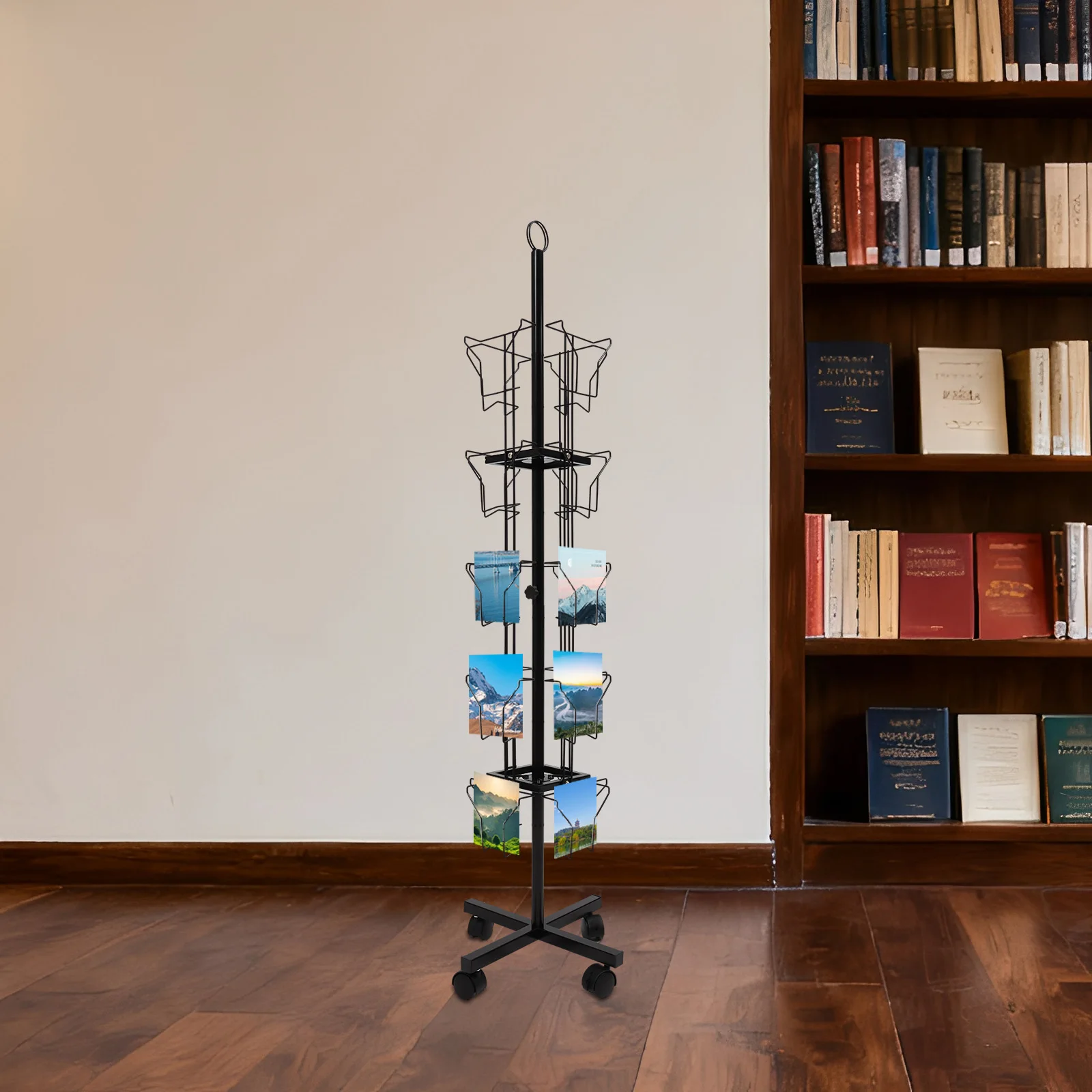 

Black Cold-rolled Steel Rotating Greeting Card Rack 5-tier Display Stand Spinning Pocket Rotating Holder with 4Universal Wheels