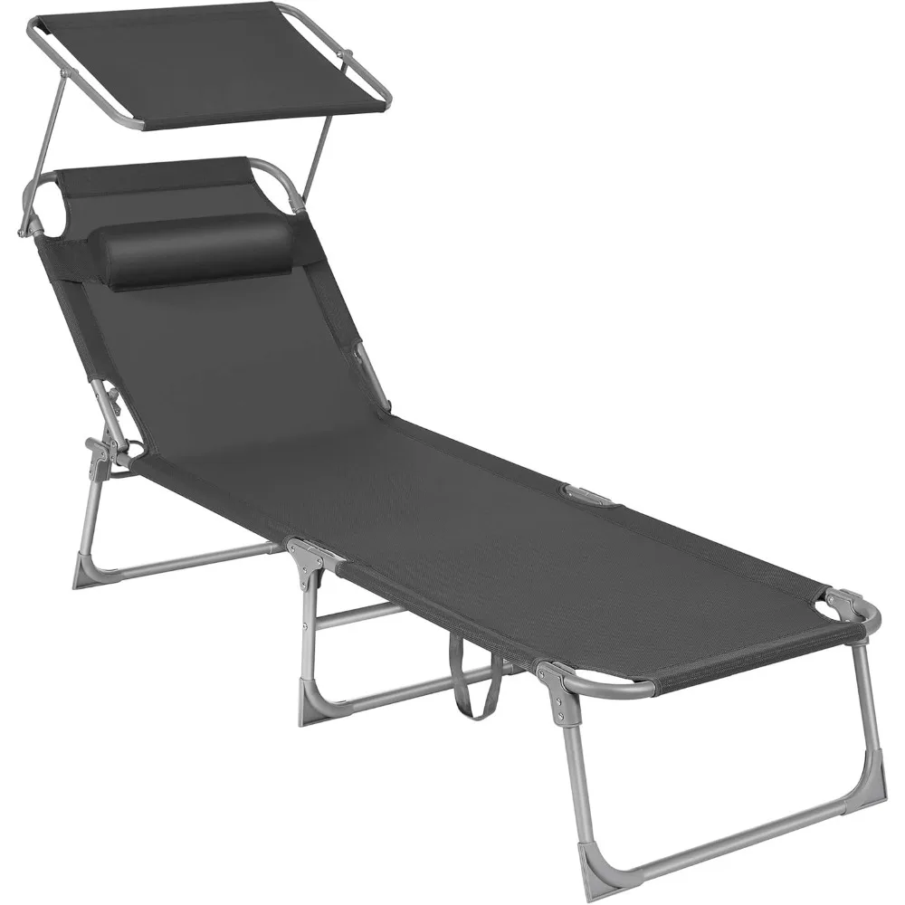 

Sun Lounger, Folding, with Canopy, 76 X 20.9 X 11.4 Inches, Holds 330 Lb, Adjustable Backrest, Patio Chaise Lounge Chair