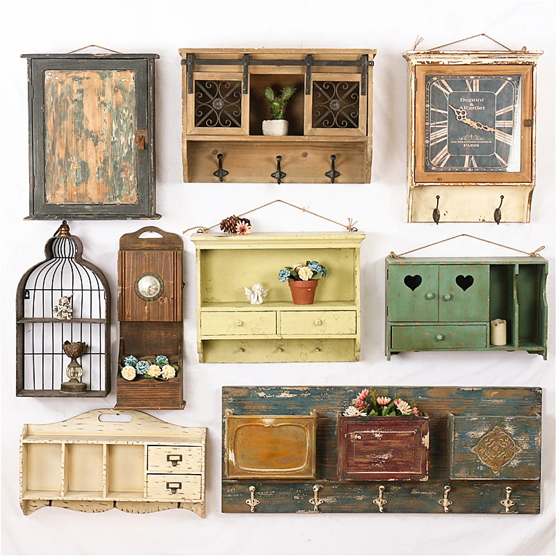 

American retro old solid wood storage rack, wall cabinet, hanging cabinet, coat and hat hook, creative design of the model room