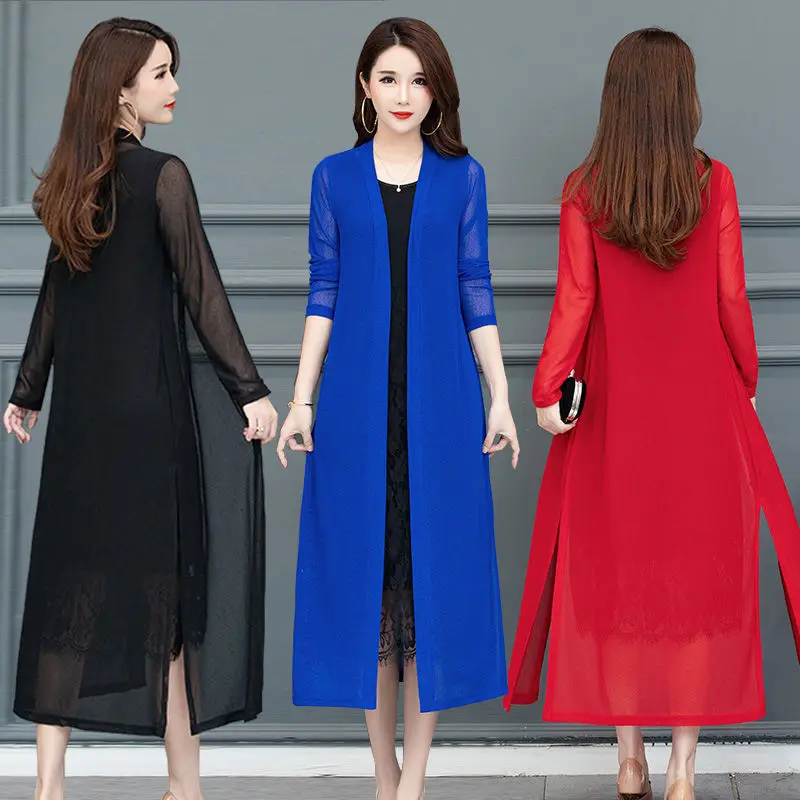 

Women Casual Solid Long Sleeve Tops Blouse Ice Silk Summer Cardigan Plus Size Thin Coat