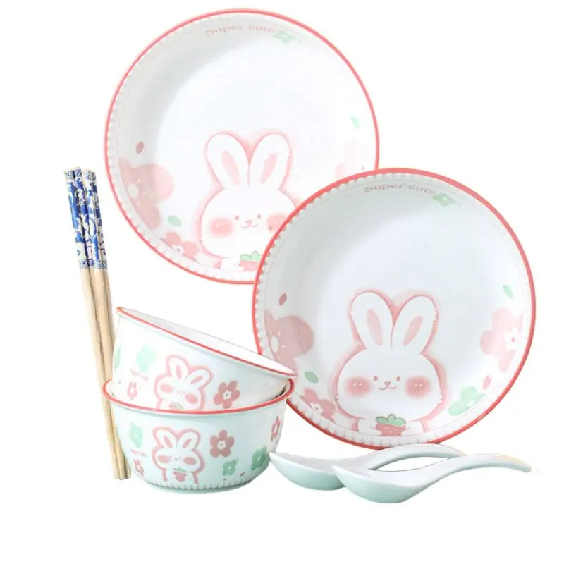

Ceramic Dinnerware Set, Home Use, Creative Cute Hare Design, Nordic Style, Bowl Plate Chopsticks Spoon Set