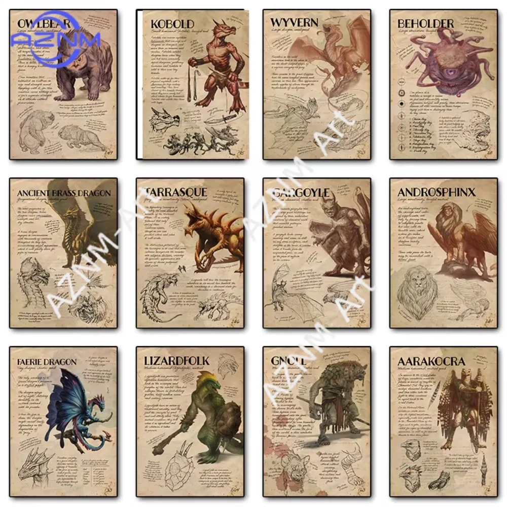 1 Stück Retro D&D Monster-Handbuch Spielposter Dungeons & Dragons Leinwanddruck Wandkunst Bild für Spielzimmer Heimdekoration Geschenke