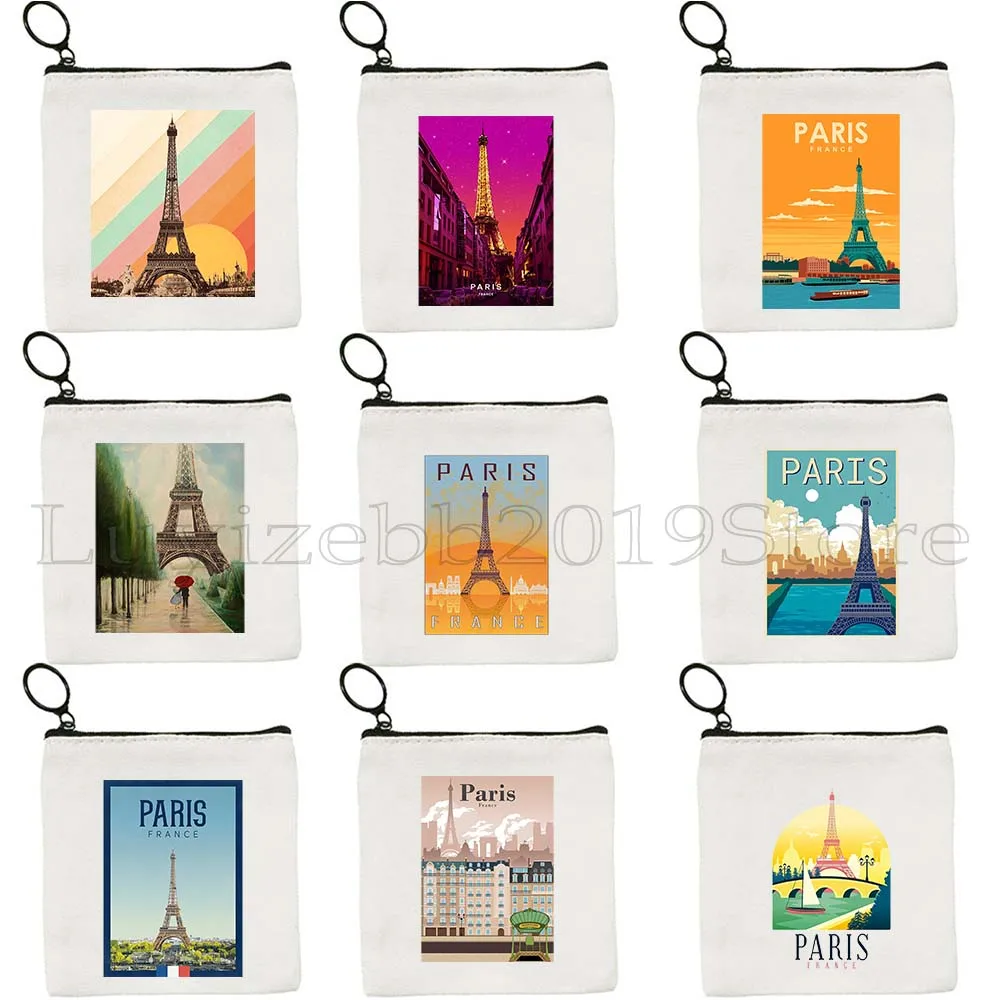 

Rainbow Paris France Eiffel Tower Seine Vintage Travel Poster Landmark Canvas Coin Purse Key Case Small Bag Wallet Zipper Pouch