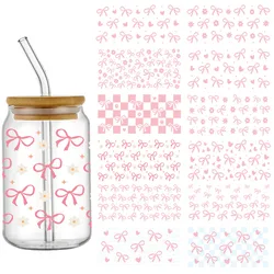 Pegatina de transferencia UV DTF de dibujos animados 3D, lazos rosas temáticos para gafas Libbey de 16oz, envolturas para tazas, lata DIY, impermeable, Navidad