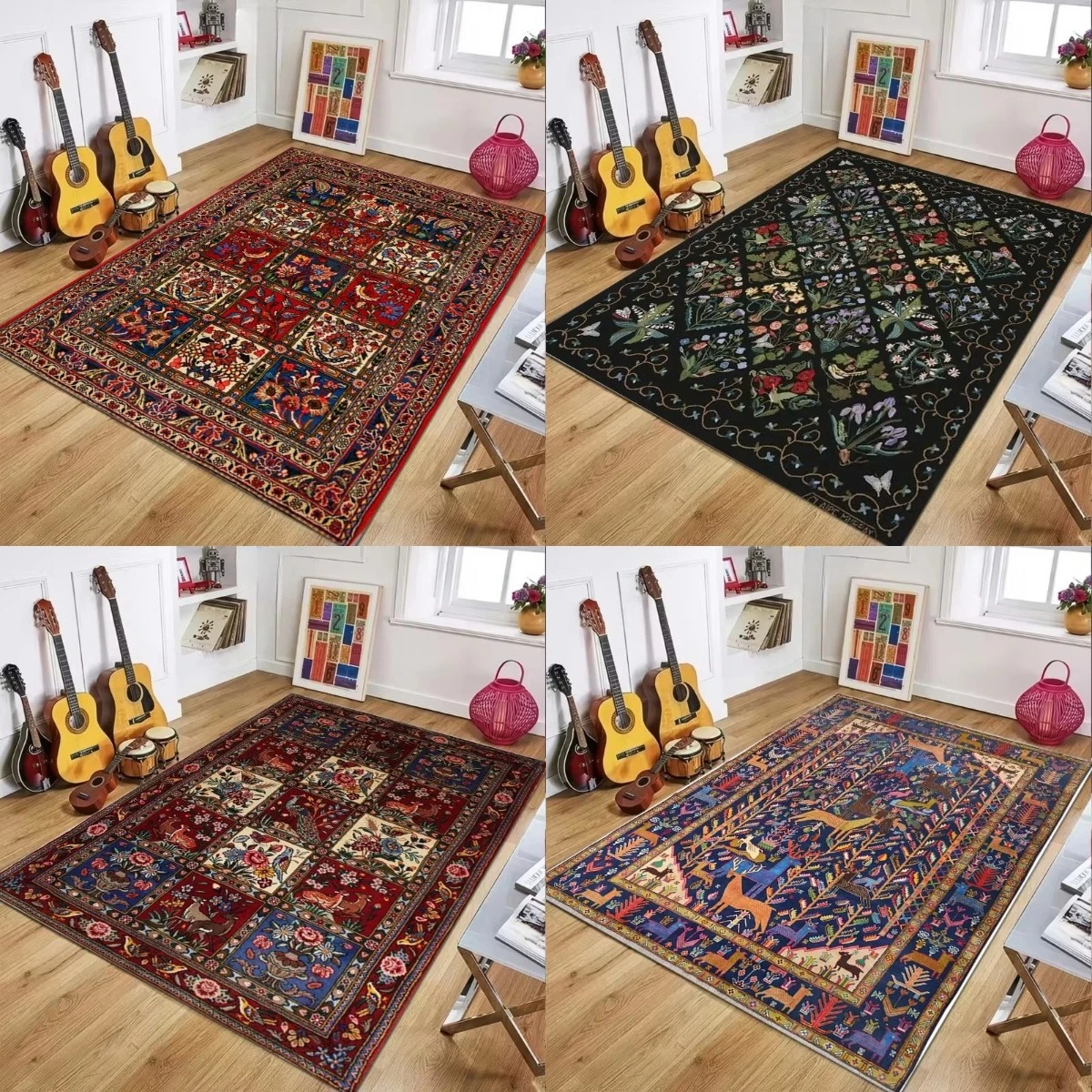 Vibrant Traditional Persian Area Rugs Featuring Animal Floral Patchwork Motifs in Red Black Blue for Eclectic Bohemian Home Deco