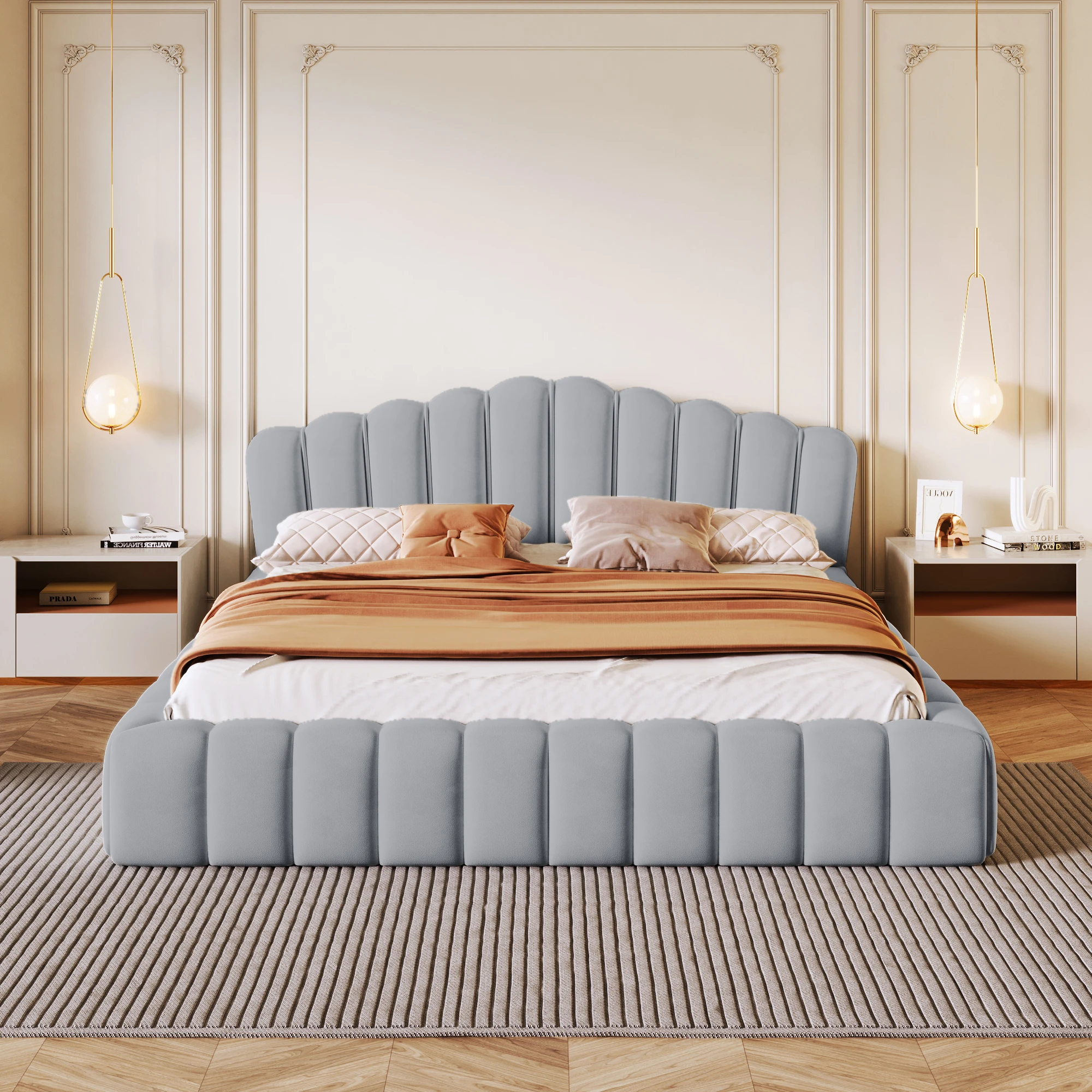 Upholstered Queen Bed Floor Bed Frame Shell-Shaped Headboard For Bedroom No Box Spring Needed Light Blue Bed