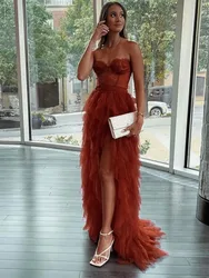 Burnt Orange Women's Prom Party Dresses Lace Sweetheart Ruffles Tiered Evening Gowns Tulle Split Illusion Formal Occasion