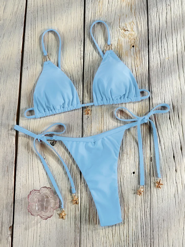 

Miyouj бандажный комплект бикини Mujer, пляжная одежда, треугольные бикини, сексуальный купальник с лямкой на шее, женский купальник 2025 года, микро-стринги, бикини