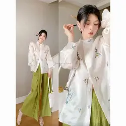 2023 new chinese women improved cheongsam element fashion style embroidery zen folk blouse loose pants retro two piece set s535