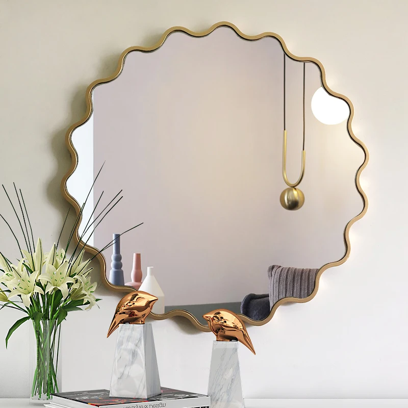 

Round Dressing Adhesive Wall Mirror Appearance Luxury Wall Mirror Aesthetic Wave Hairdresser Specchio Room Decorations HY50MM