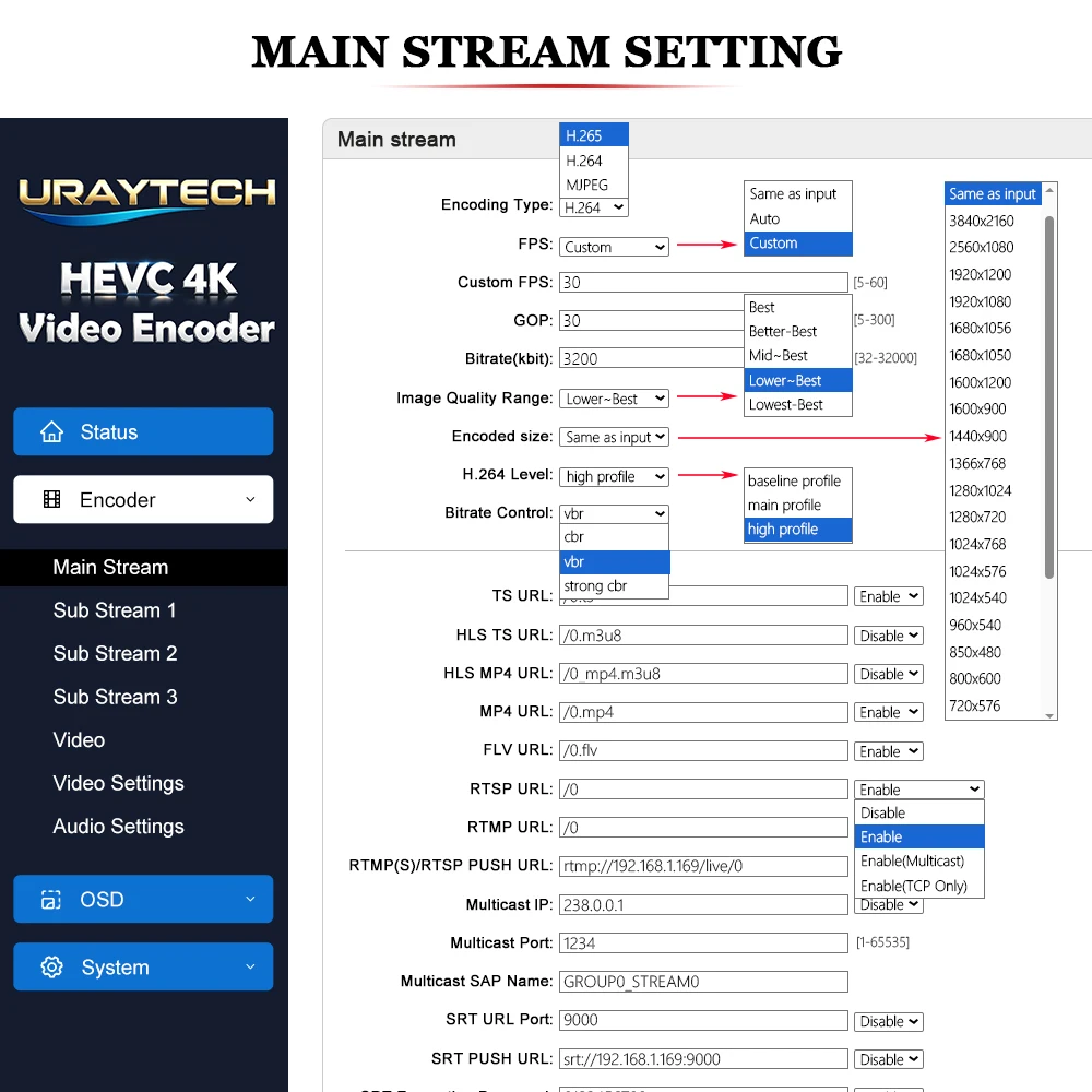 HEVC MPEG4 HDMI To IP Live Streaming Video Encoder H.264 RTMP 4K Encoder ตัวเข้ารหัส IPTV H.265ด้วย HLS HTTP RTSP UDP RTMPS SRT