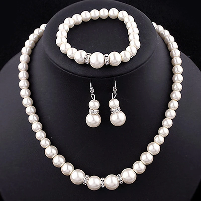 Wedding Engagement Women Simulated Pearls Jewelry Set Necklace / Earrings / Bracelets Fashion Jewelry For Lady Party Gift